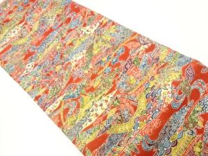 上代紬型染帆船に風景模様開き名古屋帯（額縁仕立て）